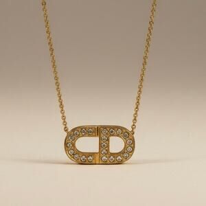 Christian Dior CD Crystal Logo Necklace Gold Tone